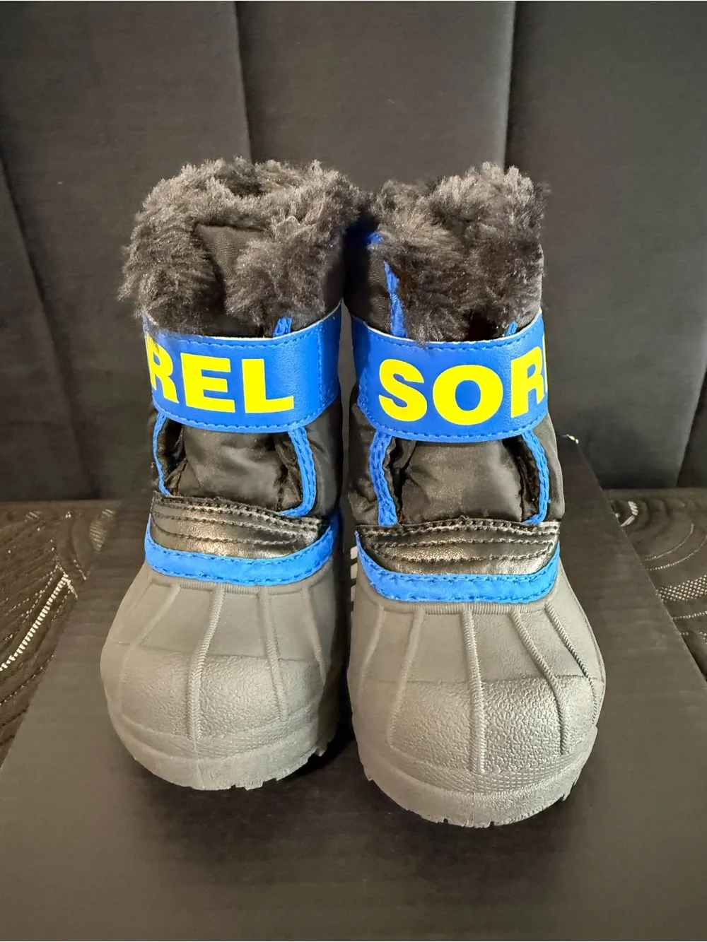 Sorel Kids Black and Blue Snow Boots with Yellow Logo